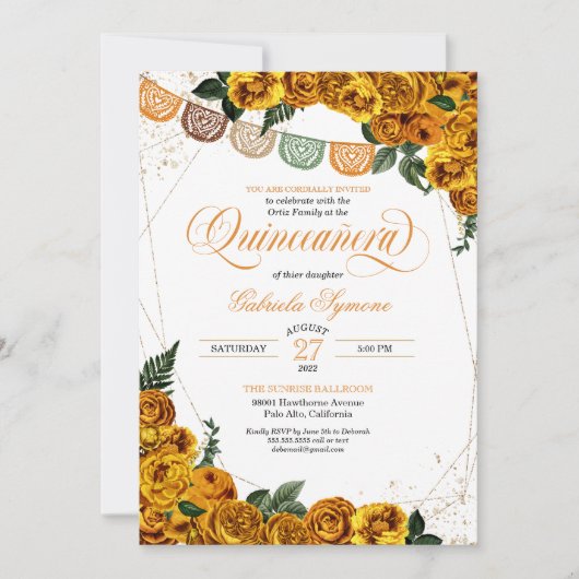 Invitation Rose jaune d'or Papel Picado Fiesta Quinceañera (Devant)