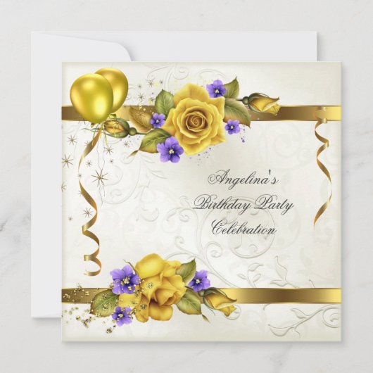 Invitation Rose Jaune Gold Purple Creme fête d'anniversaire (Devant)