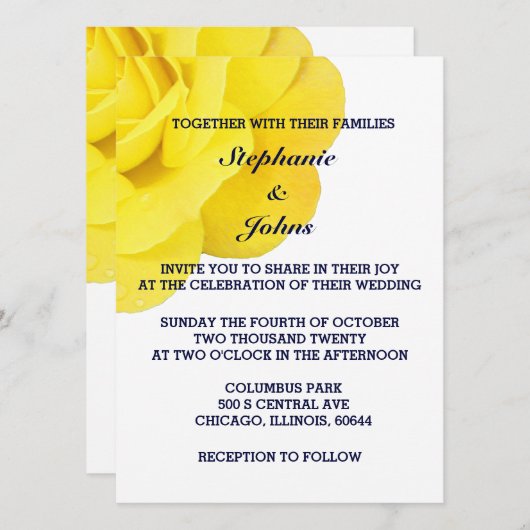 Invitation Rose jaune or bleu marine bleu blanc Mariage (Devant / Derrière)