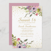 Invitation Rose Jaune Parties scintillant or Floral Douce 16  (Devant / Derrière)