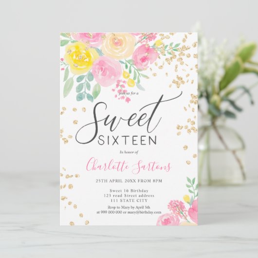 Invitation Rose jaune roses floral or script doux 16 (Debout devant)