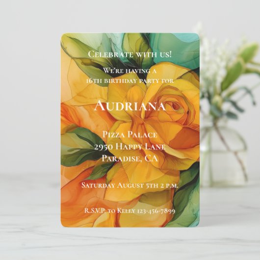 Invitation Rose Jaune Vert Floral Anniversaire (Debout devant)