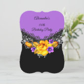 Invitation Rose jaune violet fête d'anniversaire Black Floral (Debout devant)