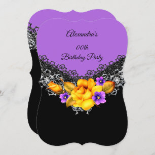 Invitation Rose jaune violet fête d'anniversaire Black Floral