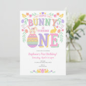 Invitation Rose, Lapin, Fille 1er Anniversaire, Printemps, Pâ (Debout devant)
