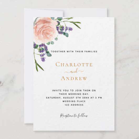 Invitation Rose lavande fleurie verdure luxe mariage (Devant)