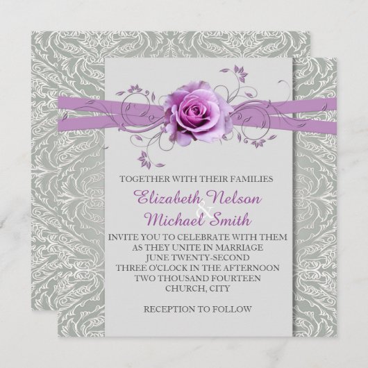 Invitation Rose Lavender Grey Silver Mariage damassé Invitati (Devant / Derrière)