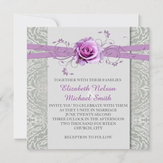 Invitation Rose Lavender Grey Silver Mariage damassé Invitati (Devant)