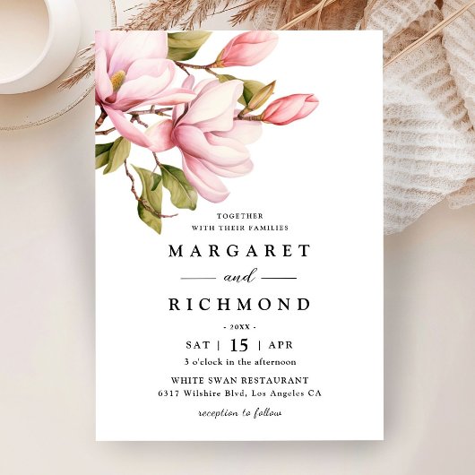 Invitation Rose Magnolia Elegant Aquarelle Mariage Floral