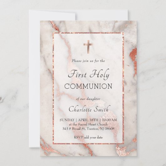 Invitation rose marbre d'or arrière - plan Première communion (Devant)