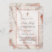 Invitation rose marbre d'or arrière - plan Première communion (Devant / Derrière)