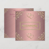 Invitation Rose mariage avec coeurs dorés (Devant / Derrière)