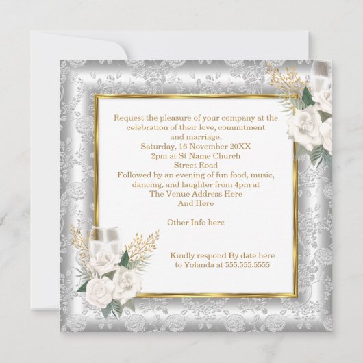 Invitation Rose mariage Champagne Gold Silver Damask (Dos)