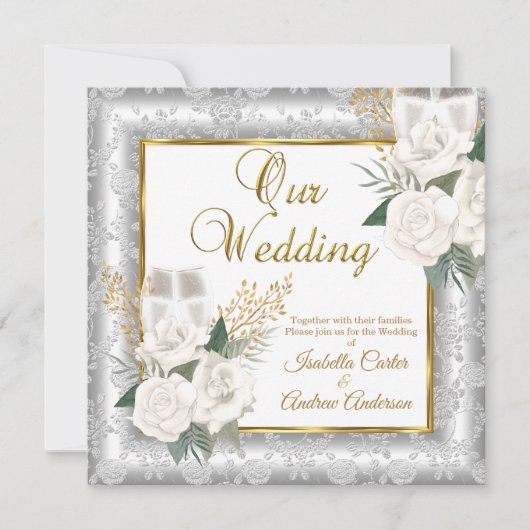 Invitation Rose mariage Champagne Gold Silver Damask (Devant)