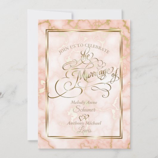 Invitation Rose mariage et marbre d'or (Devant)