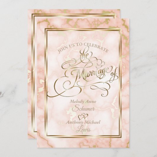 Invitation Rose mariage et marbre d'or (Devant / Derrière)