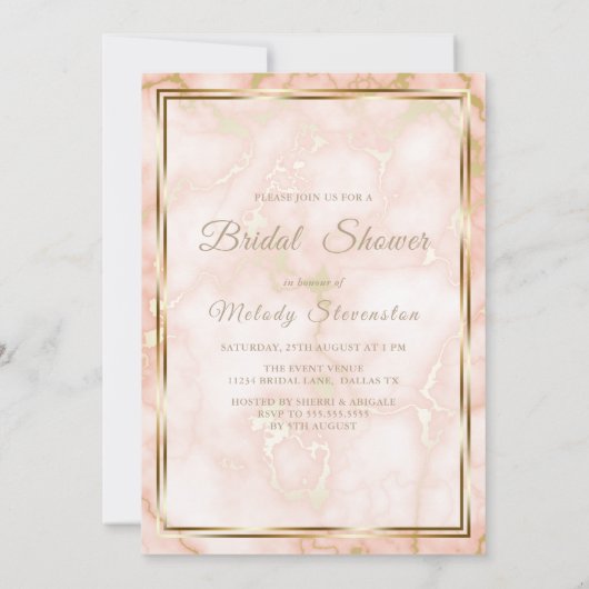 Invitation Rose mariage et marbre d'or (Dos)