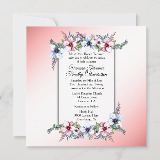 Invitation rose Mariage floral (Devant)