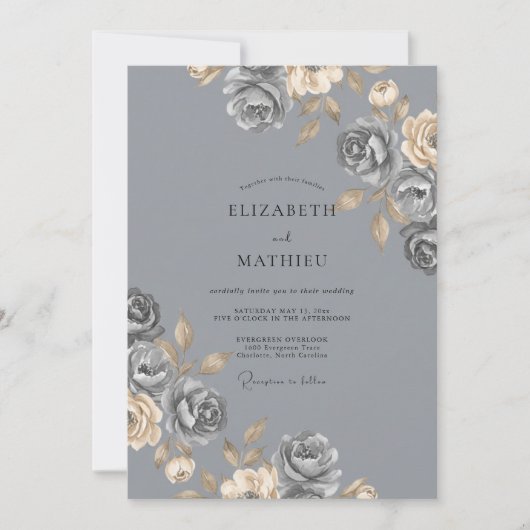 Invitation Rose Mariage Gris Acier (Devant)