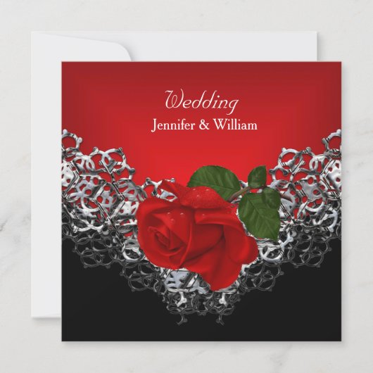 Invitation Rose mariage Noir Blanc Argent Profond Rouge (Devant)