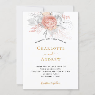 Invitation rose mariage or floral élégant argent