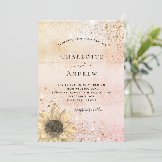 Invitation rose mariage or rustique tournesol parties scintil (Debout devant)