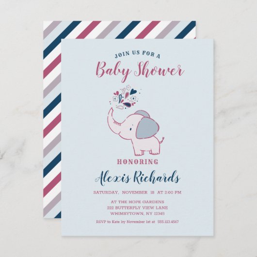 Invitation Rose & Marine Cute Elephant Baby shower à thème (Devant / Derrière)