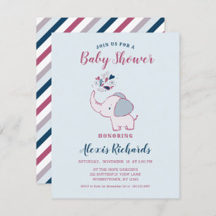 Invitation Rose & Marine Cute Elephant Baby shower à thème