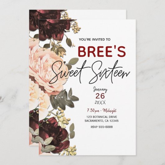 Invitation Rose & Maron Floral Verdure Feuille douce 16 (Devant / Derrière)