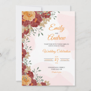 Invitation Rose Marron Élégant Fleurs Aquarelle Mariage