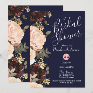Invitation Rose Marron Floral Vert Bleu Marine Réception de M