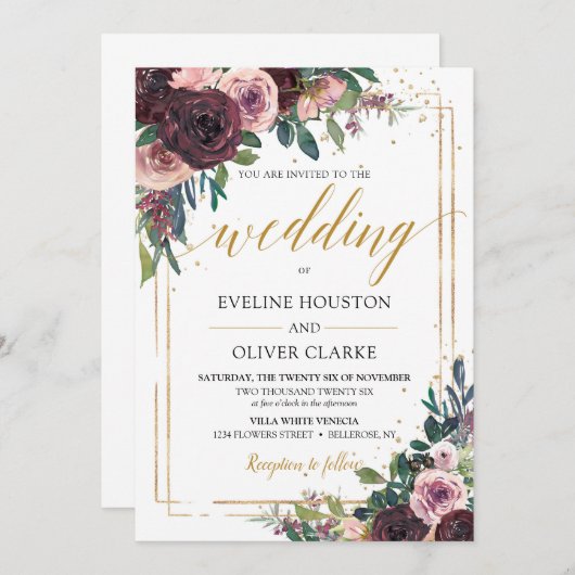 Invitation Rose mauve tendance poussiéreux fleurs rose or par (Devant / Derrière)