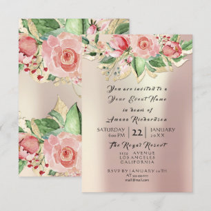Invitation Rose Menthe Champagne Or Fleur Aquarelle Perle