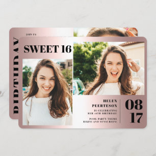 Invitation Rose métallique bold 3 photos Sweet 16 anniversair