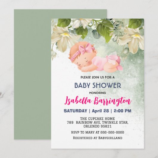 Invitation Rose mignon bébé fille Fleurs marguerites baby sho (Devant / Derrière)