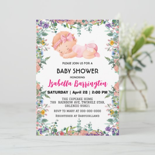 Invitation Rose mignon bébé Fleurs baby shower enfants (Debout devant)