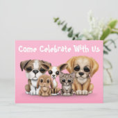Invitation Rose mignon de portrait de chiots, de chaton et (Debout devant)