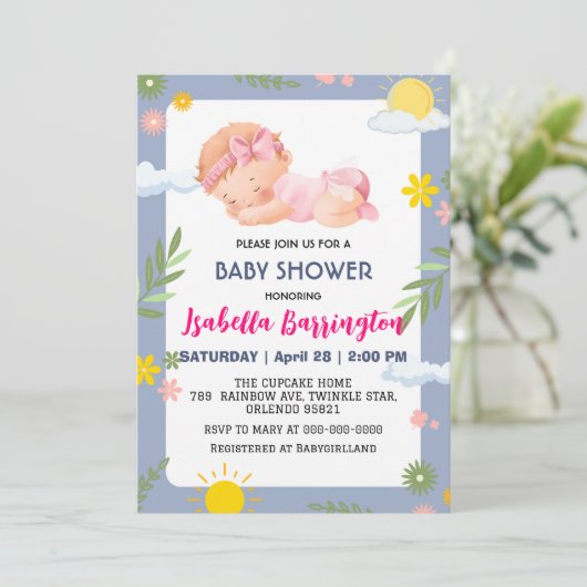 Invitation Rose mignonne bébé fille fleurs été baby shower en (Debout devant)
