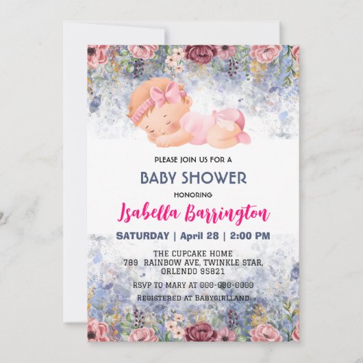 Invitation Rose mignonne bébé fille Rose fleurs baby shower e (Devant)