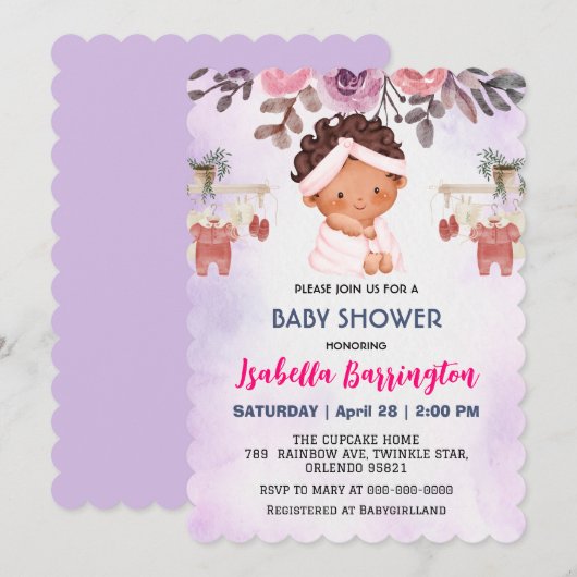 Invitation Rose mignonne bébé filles Rose fleurs enfants baby (Devant / Derrière)