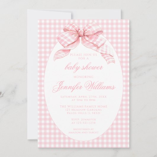 Invitation Rose mignonne En vichy Coquette Bow Baby Girl Douc (Devant)