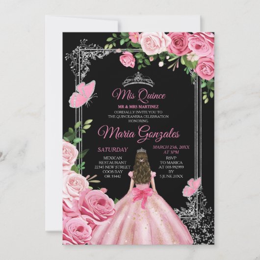 Invitation Rose Mis Quince 15 Anos Papillon Couronne Argent (Devant)