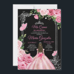 Invitation Rose Mis Quince 15 Anos Papillon Couronne Argent<br><div class="desc">Quinceañera Black Pink Butterfly Argent Crown Invitation Mis Quince 15 Anos,  16e Anniversaire, </div>