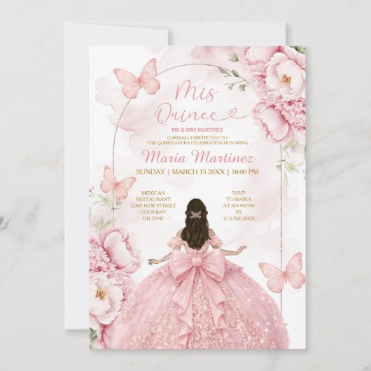 Invitation Rose Mis Quince avec Fille Princesse (Devant)