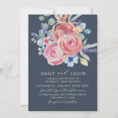Invitation Rose moderne bleu foncé Floral Aquarelle Mariage (Devant)