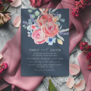 Invitation Rose moderne bleu foncé Floral Aquarelle Mariage