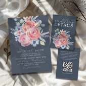 Invitation Rose moderne bleu foncé Floral Aquarelle Mariage