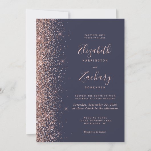Invitation Rose moderne bleu foncé Parties scintillant or QR  (Devant)
