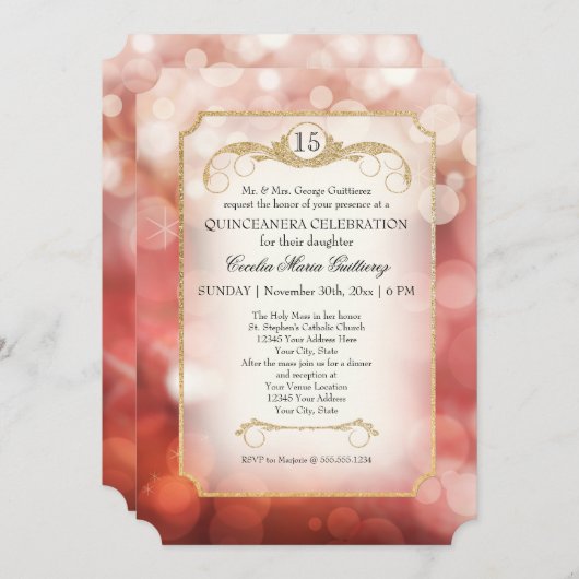 Invitation Rose moderne Bokeh Sparkle Twinkle Quinceanera (Devant / Derrière)