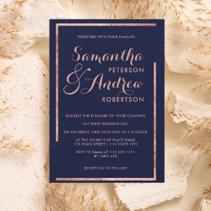 Invitation Rose moderne cadre or marine script mariage